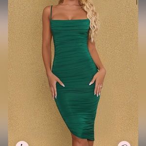 Emerald Green Cowl Neck Ruched Bodycon Midi Dress in Green